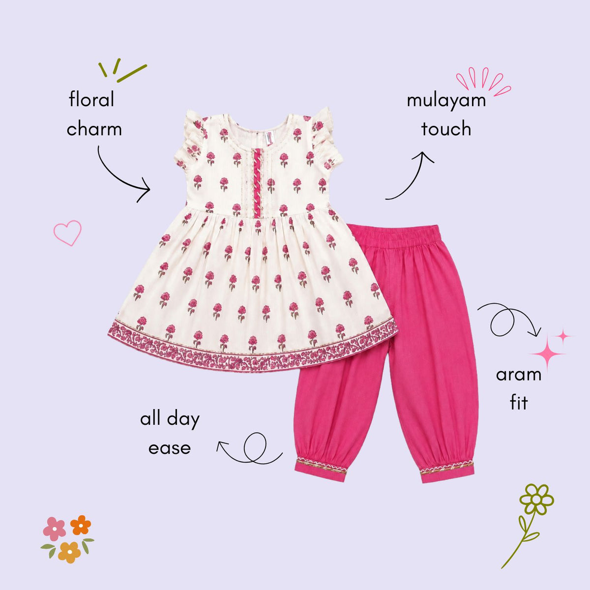 The Magic Wand Cotton Woven Frill Sleeves Floral Printed Top And Pant Set - Pink