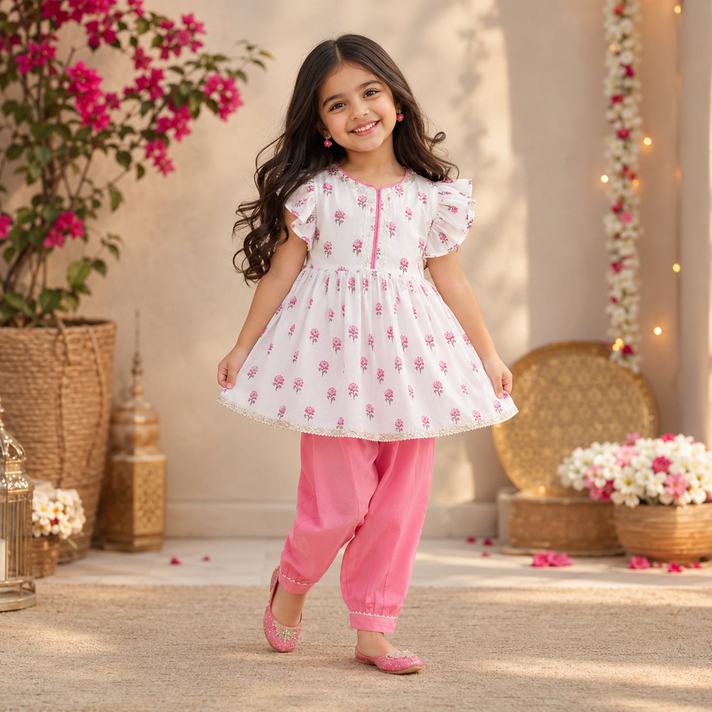 The Magic Wand Cotton Woven Frill Sleeves Floral Printed Top And Pant Set - Pink