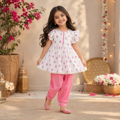 The Magic Wand Cotton Woven Frill Sleeves Floral Printed Top And Pant Set - Pink