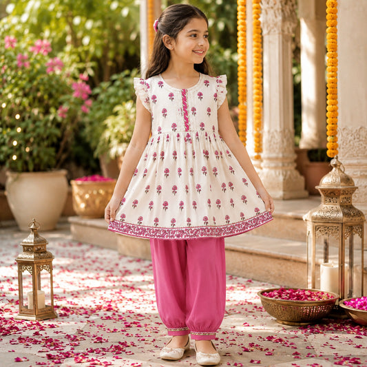 The Magic Wand Cotton Woven Frill Sleeves Floral Printed Top And Pant Set - Pink