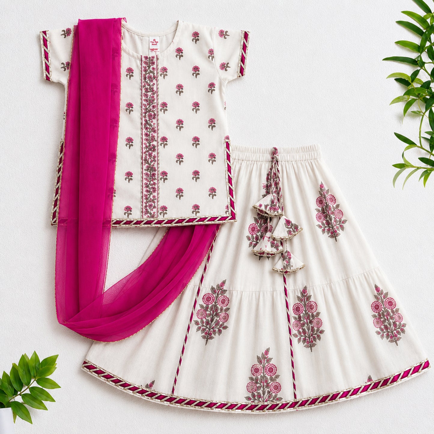 The Magic Wand Cambric Cotton Woven Half Sleeves Butti Printed And Laced Kurti And Lehenga Set With Dupatta - White