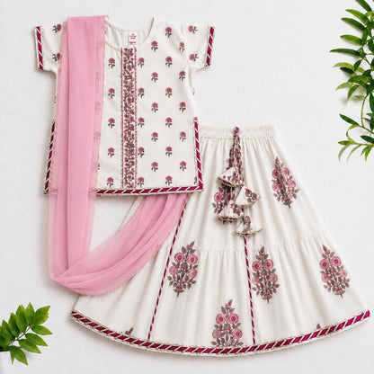 The Magic Wand Cambric Cotton Woven Half Sleeves Butti Printed And Laced Kurti And Lehenga Set With Dupatta - White