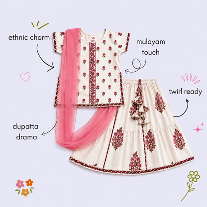 The Magic Wand Cambric Cotton Woven Half Sleeves Butti Printed And Laced Kurti And Lehenga Set With Dupatta - White