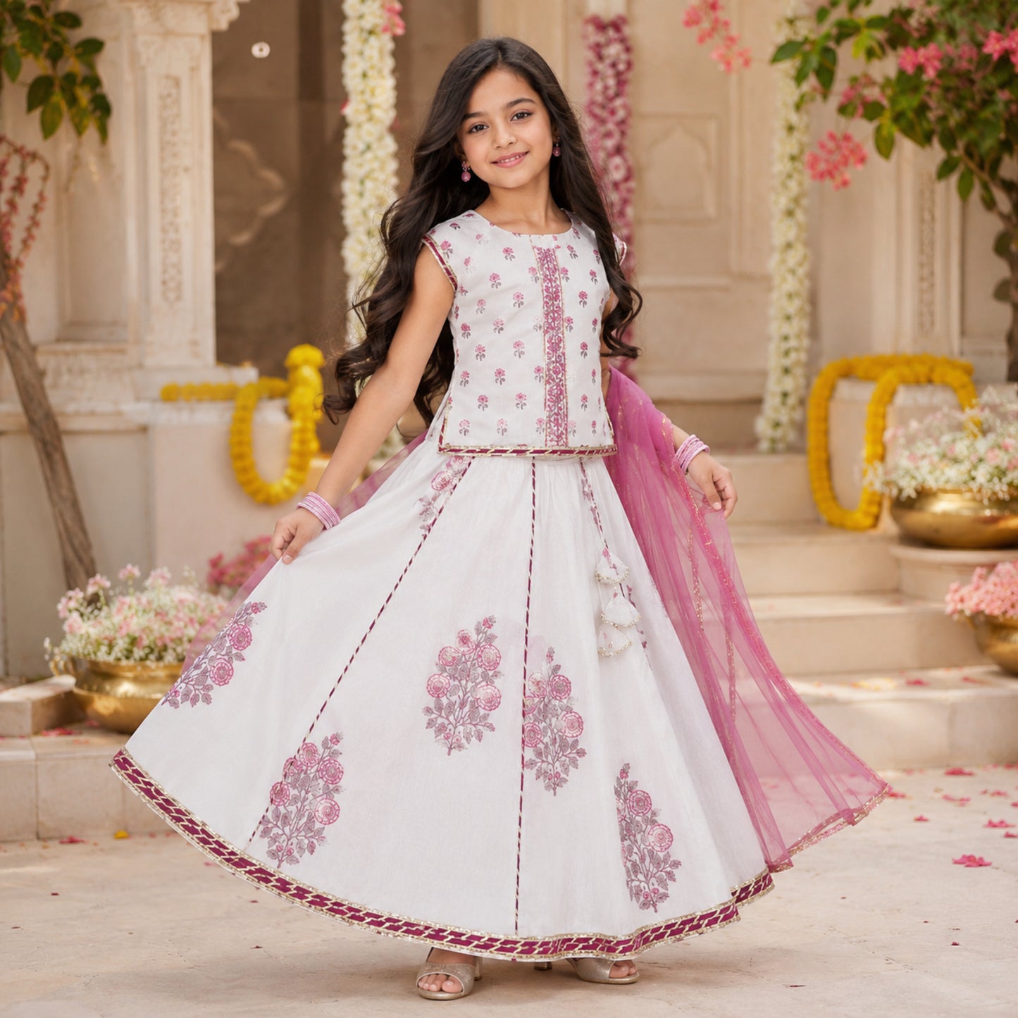 The Magic Wand Cambric Cotton Woven Half Sleeves Butti Printed And Laced Kurti And Lehenga Set With Dupatta - White