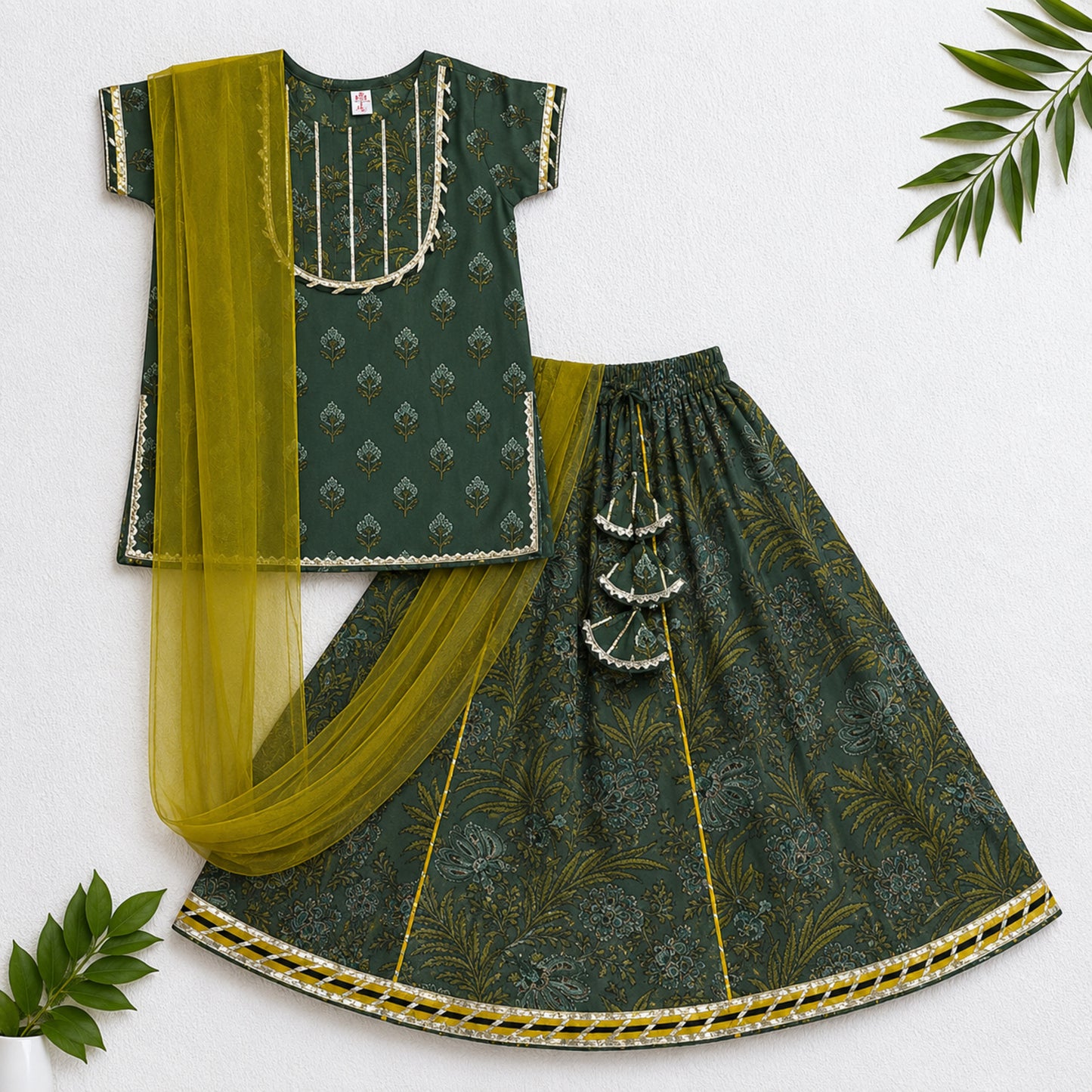 The Magic Wand Cambric Cotton Woven Half Sleeves Butti Printed And Laced Kurti And Lehenga Set With Dupatta - Green