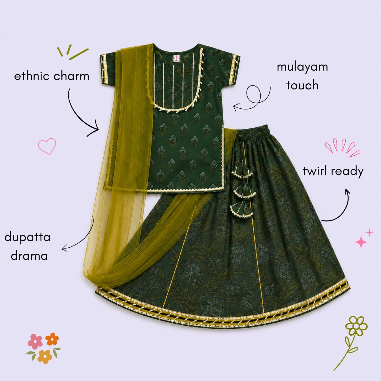 The Magic Wand Cambric Cotton Woven Half Sleeves Butti Printed And Laced Kurti And Lehenga Set With Dupatta - Green