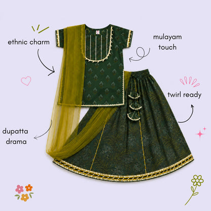The Magic Wand Cambric Cotton Woven Half Sleeves Butti Printed And Laced Kurti And Lehenga Set With Dupatta - Green