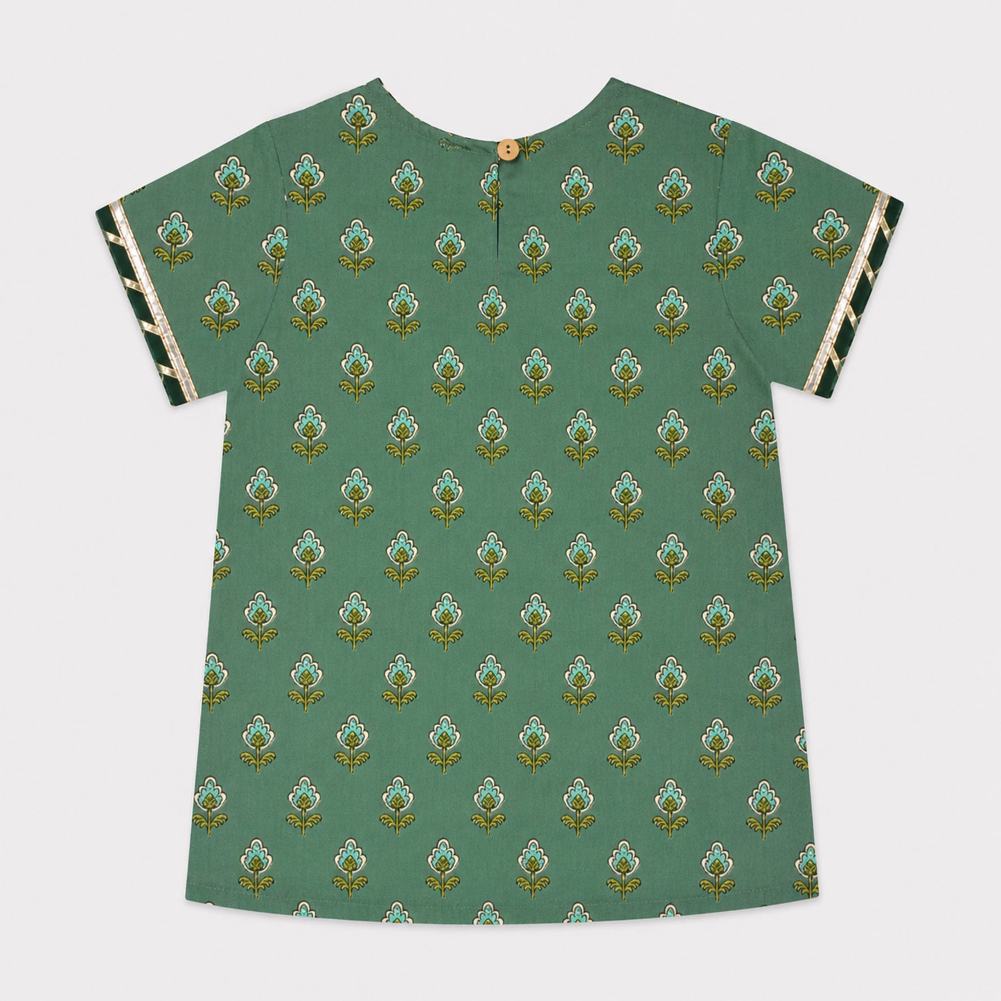 The Magic Wand Cambric Cotton Woven Half Sleeves Butti Printed And Laced Kurti And Lehenga Set With Dupatta - Green