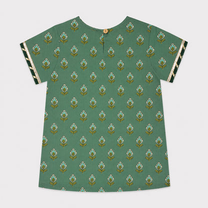 The Magic Wand Cambric Cotton Woven Half Sleeves Butti Printed And Laced Kurti And Lehenga Set With Dupatta - Green