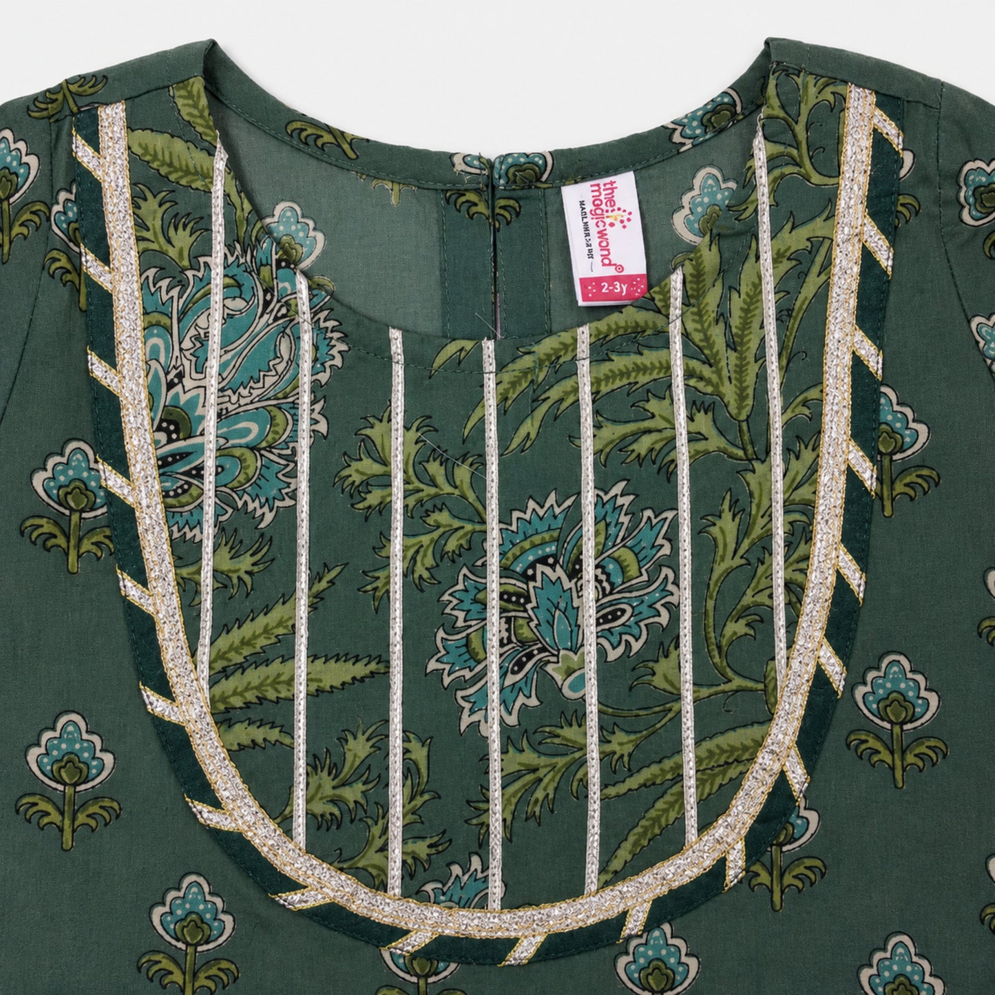 The Magic Wand Cambric Cotton Woven Half Sleeves Butti Printed And Laced Kurti And Lehenga Set With Dupatta - Green