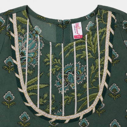 The Magic Wand Cambric Cotton Woven Half Sleeves Butti Printed And Laced Kurti And Lehenga Set With Dupatta - Green