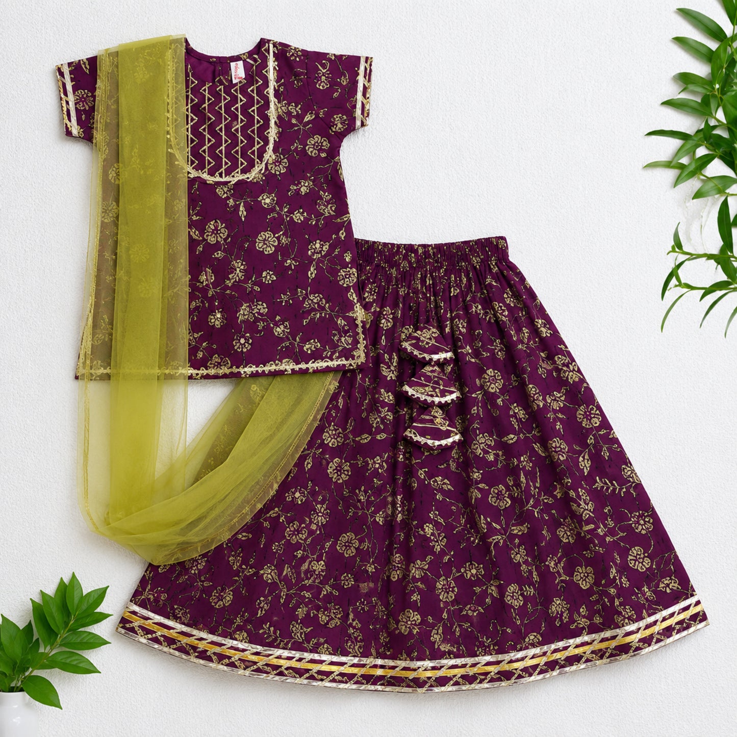 The Magic Wand Cambric Cotton Woven Half Sleeves Butti Printed And Laced Kurti And Lehenga Set With Dupatta - Wine