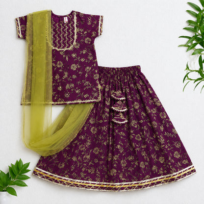 The Magic Wand Cambric Cotton Woven Half Sleeves Butti Printed And Laced Kurti And Lehenga Set With Dupatta - Wine