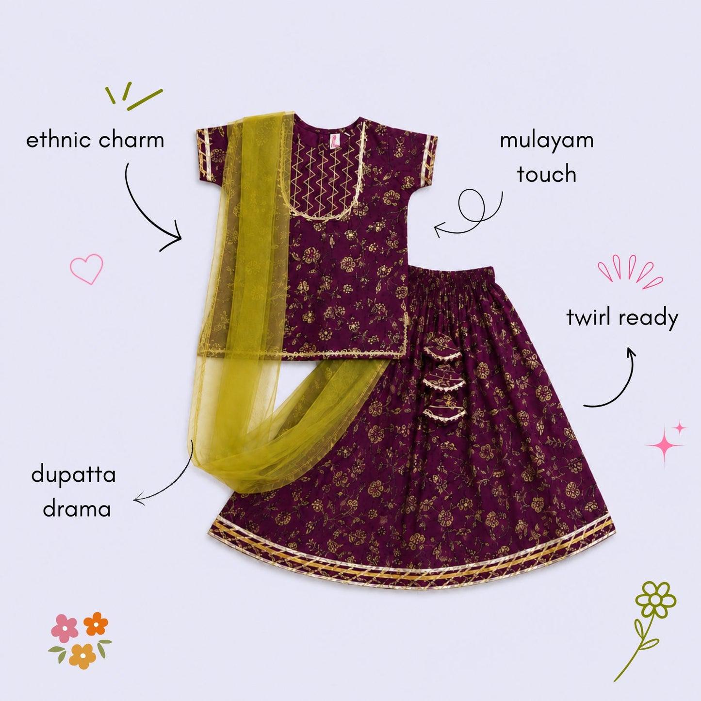 The Magic Wand Cambric Cotton Woven Half Sleeves Butti Printed And Laced Kurti And Lehenga Set With Dupatta - Wine