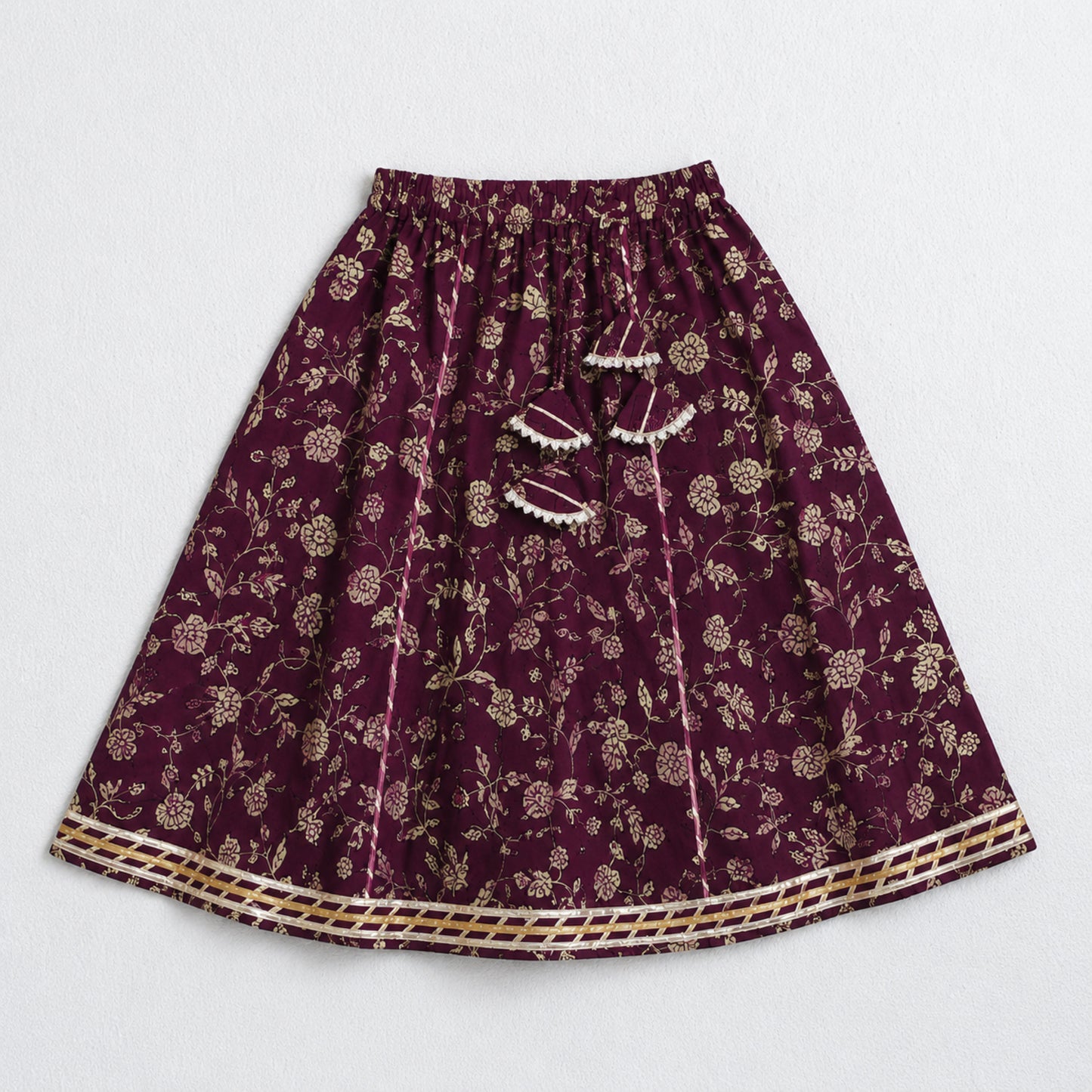 The Magic Wand Cambric Cotton Woven Half Sleeves Butti Printed And Laced Kurti And Lehenga Set With Dupatta - Wine