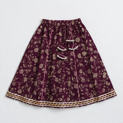 The Magic Wand Cambric Cotton Woven Half Sleeves Butti Printed And Laced Kurti And Lehenga Set With Dupatta - Wine
