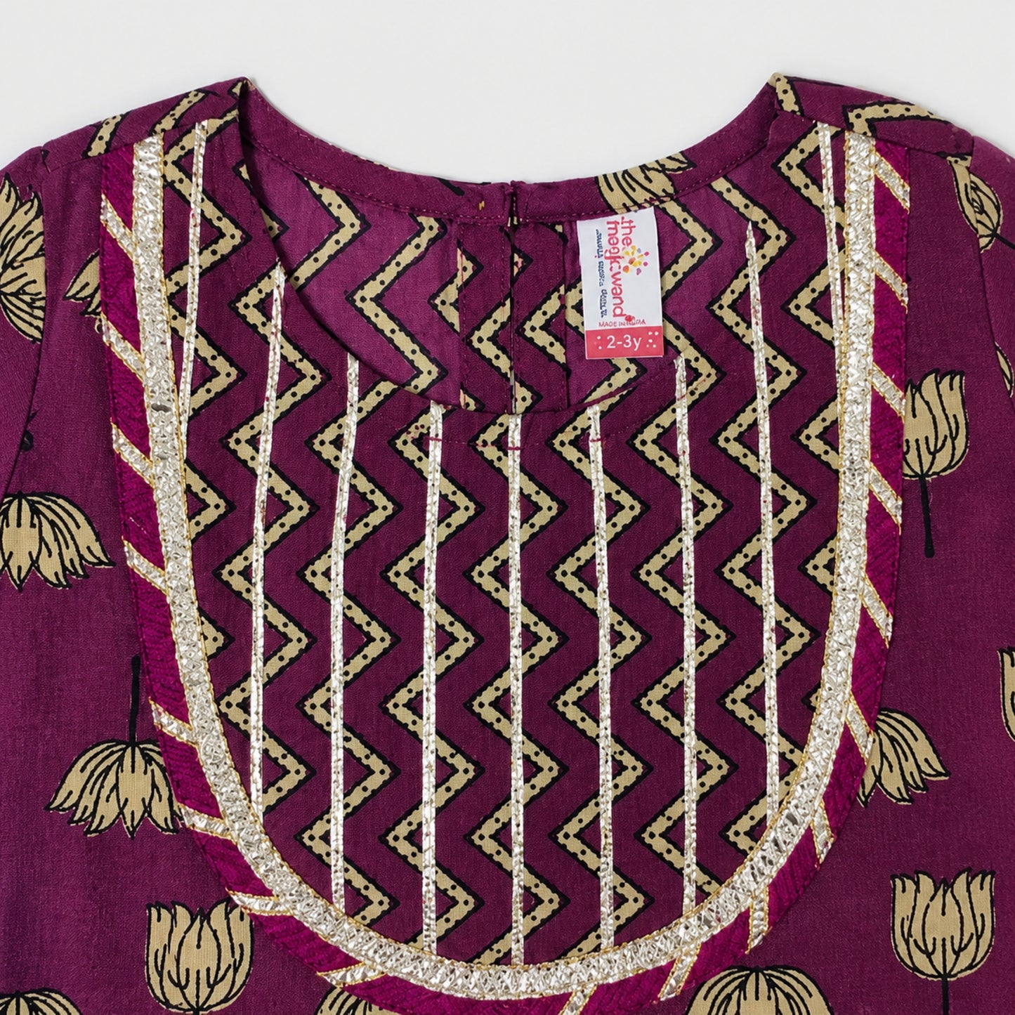 The Magic Wand Cambric Cotton Woven Half Sleeves Butti Printed And Laced Kurti And Lehenga Set With Dupatta - Wine