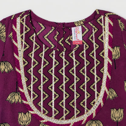 The Magic Wand Cambric Cotton Woven Half Sleeves Butti Printed And Laced Kurti And Lehenga Set With Dupatta - Wine