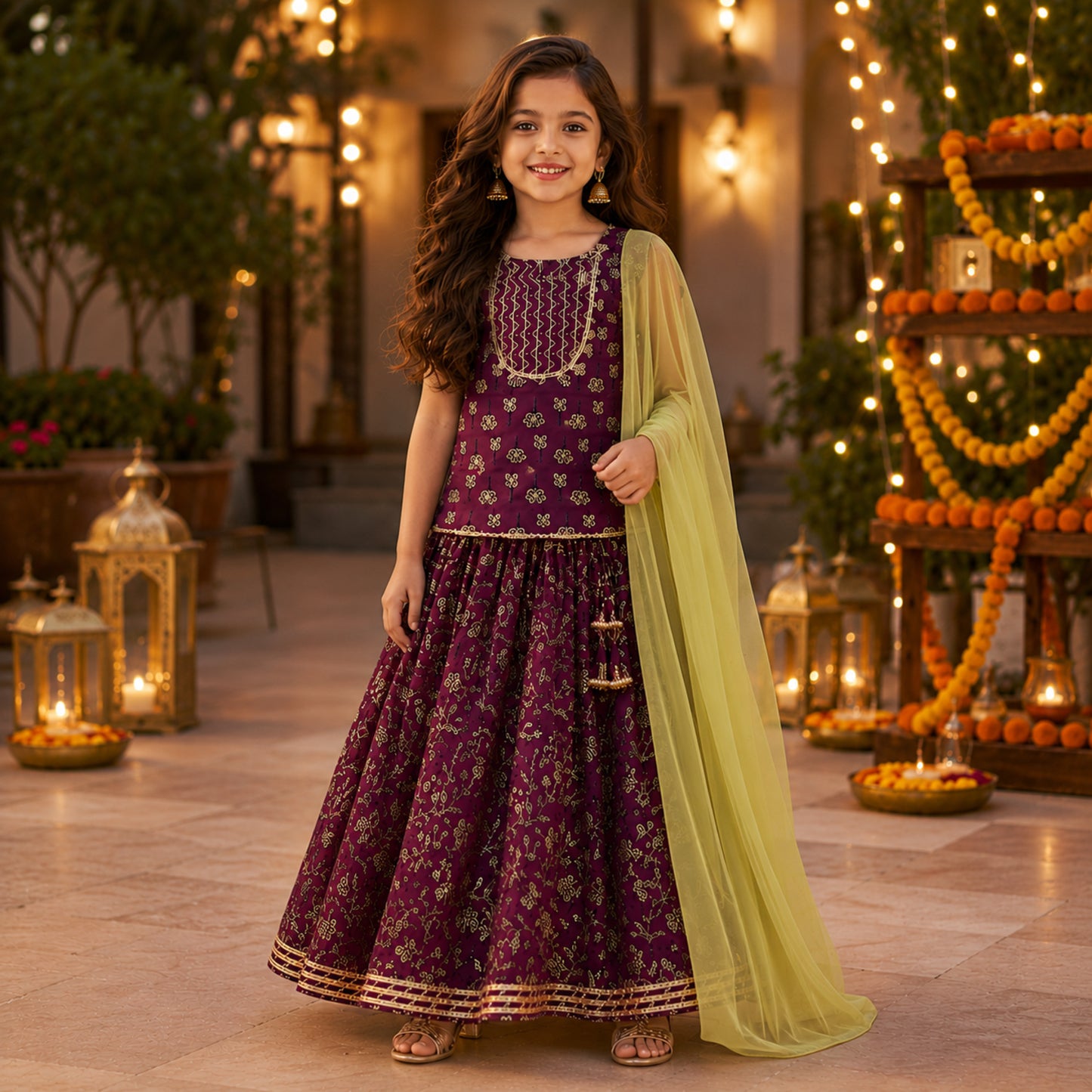 The Magic Wand Cambric Cotton Woven Half Sleeves Butti Printed And Laced Kurti And Lehenga Set With Dupatta - Wine