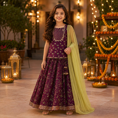 The Magic Wand Cambric Cotton Woven Half Sleeves Butti Printed And Laced Kurti And Lehenga Set With Dupatta - Wine