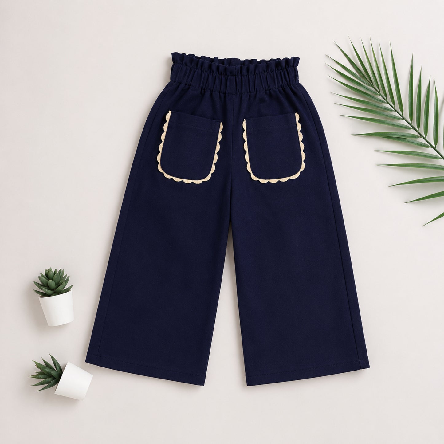 The Magic Wand Cotton Woven Solid Wide Leg Pants With Patch Pockets - Navy Blue