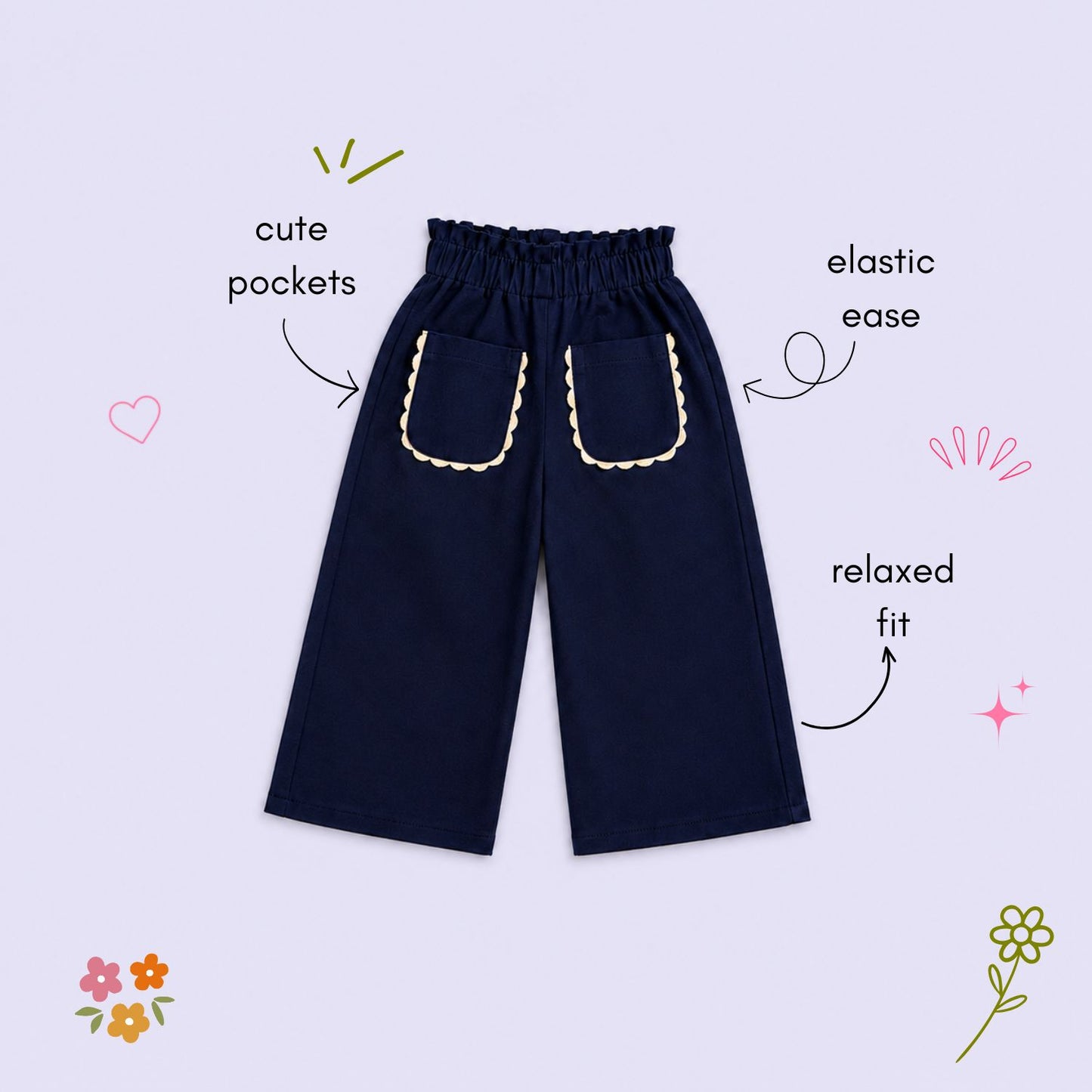 The Magic Wand Cotton Woven Solid Wide Leg Pants With Patch Pockets - Navy Blue