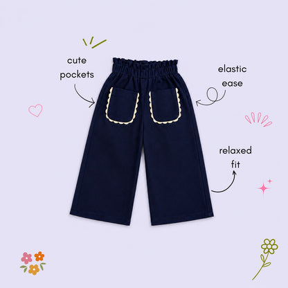 The Magic Wand Cotton Woven Solid Wide Leg Pants With Patch Pockets - Navy Blue