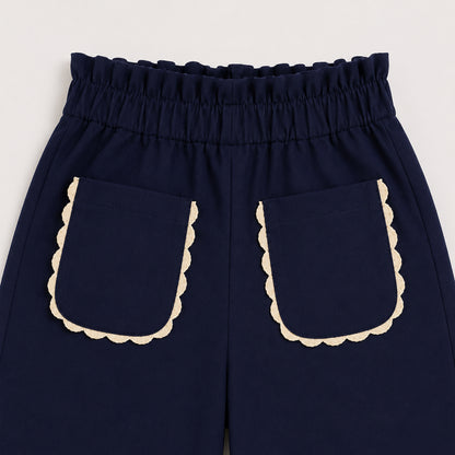 The Magic Wand Cotton Woven Solid Wide Leg Pants With Patch Pockets - Navy Blue