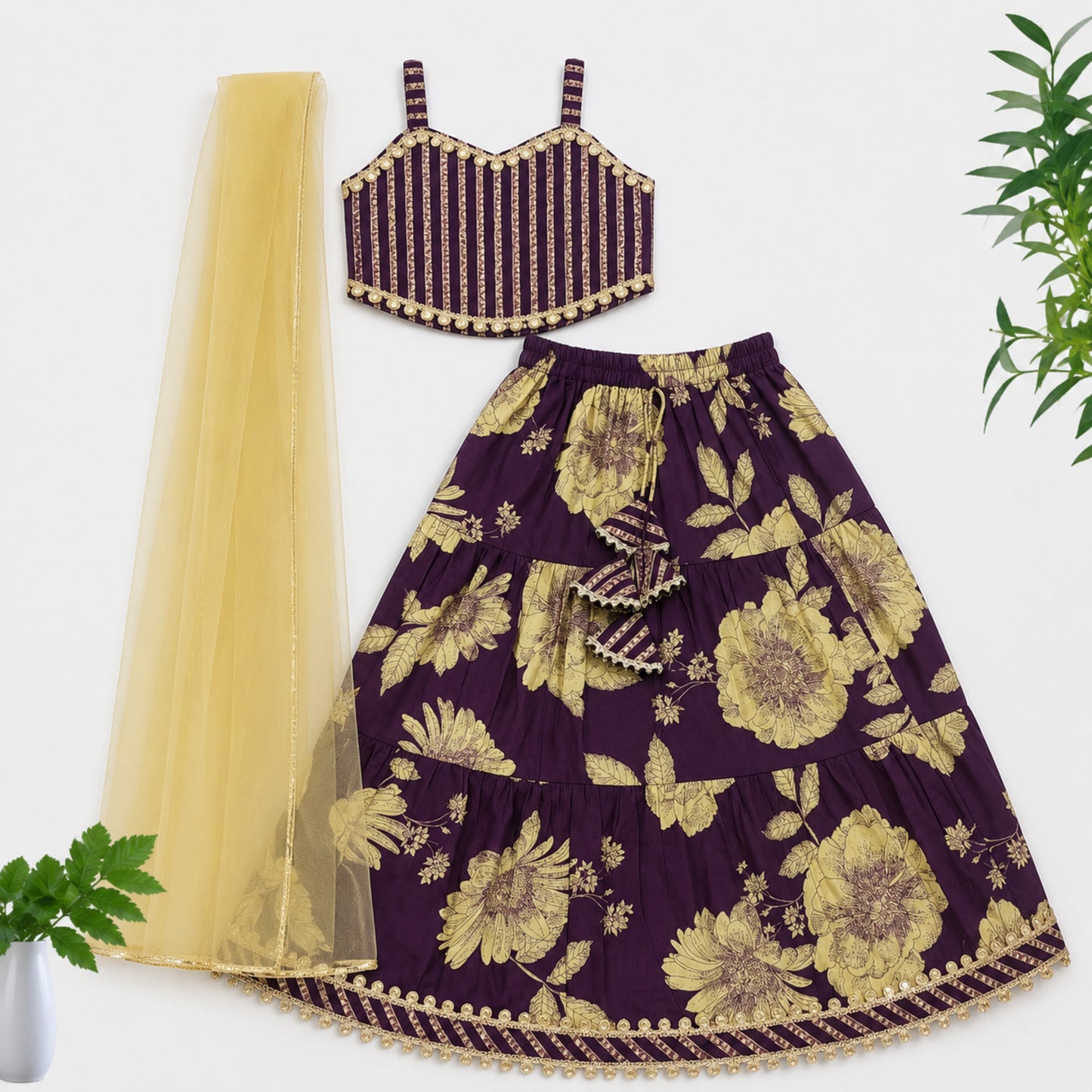 The Magic Wand Cambric Woven Laced Sweetheart Neck Choli And Floral Lehenga Set With Dupatta - Purple