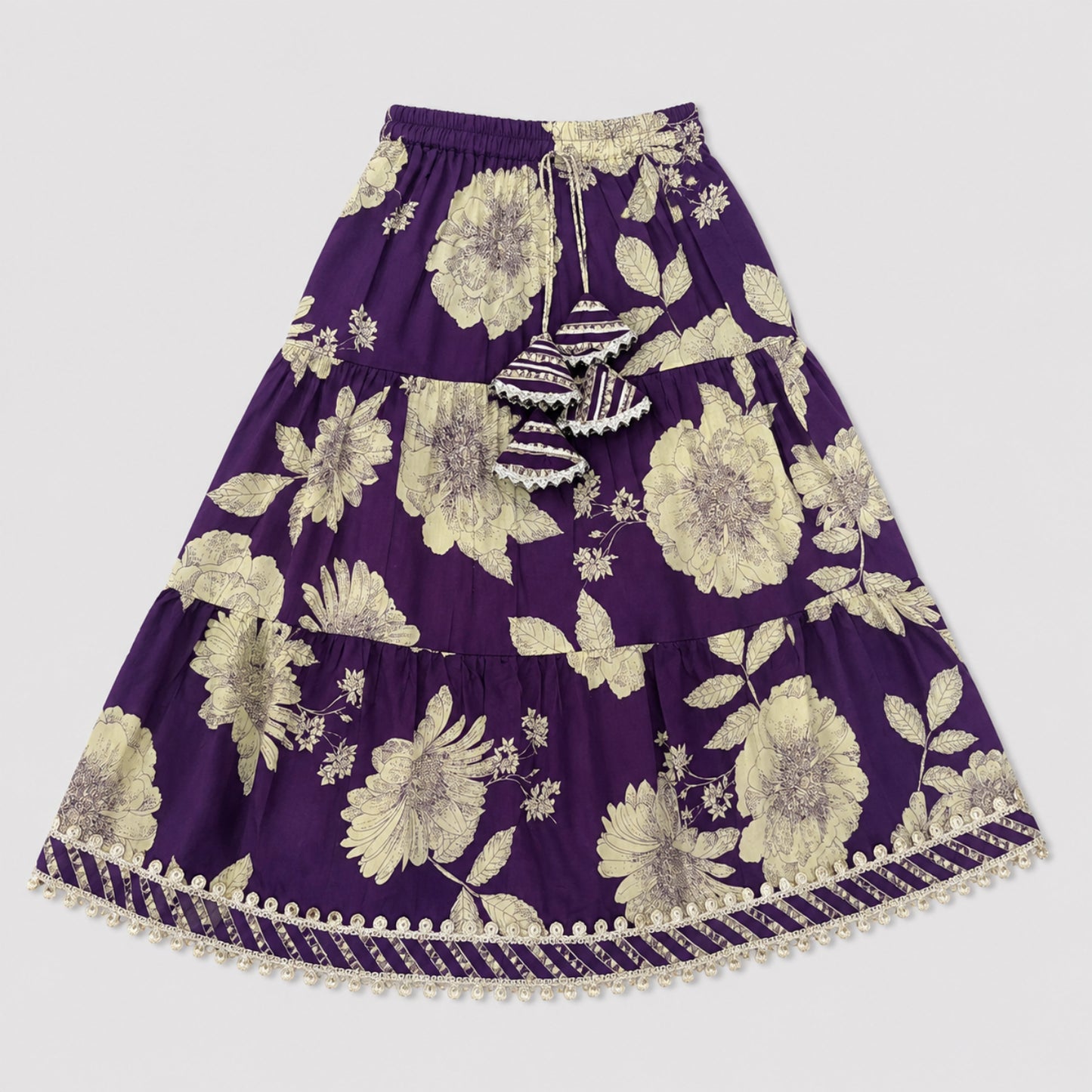 The Magic Wand Cambric Woven Laced Sweetheart Neck Choli And Floral Lehenga Set With Dupatta - Purple