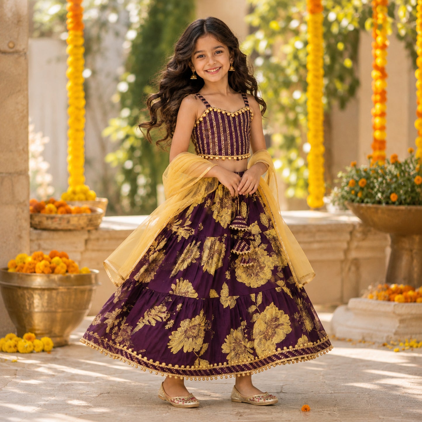 The Magic Wand Cambric Woven Laced Sweetheart Neck Choli And Floral Lehenga Set With Dupatta - Purple