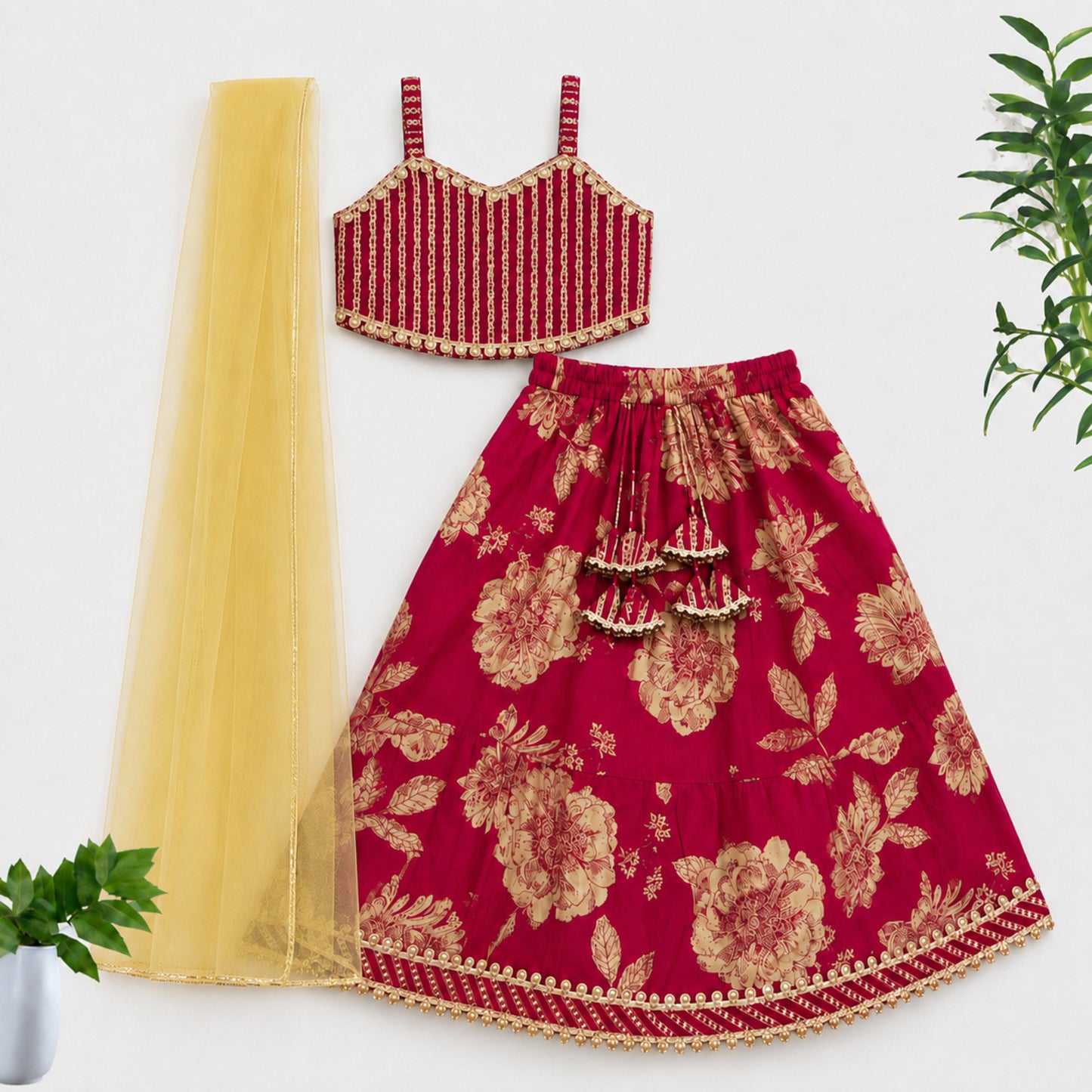 The Magic Wand Cambric Woven Laced Sweetheart Neck Choli And Floral Lehenga Set With Dupatta - Fuchsia