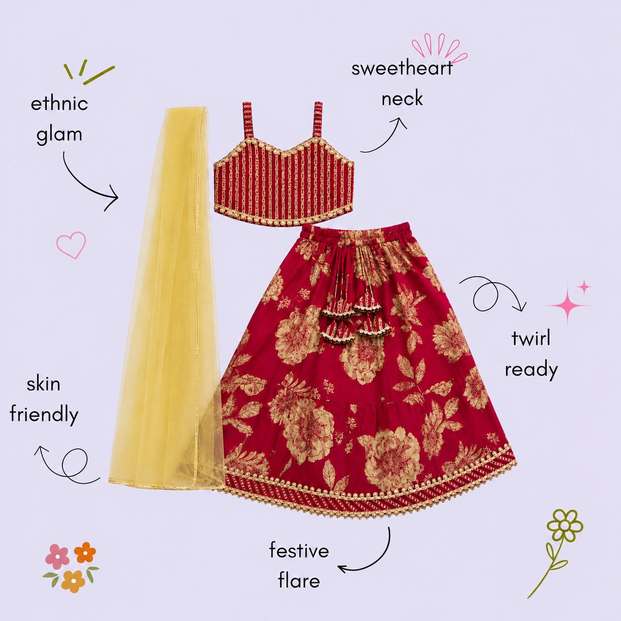 The Magic Wand Cambric Woven Laced Sweetheart Neck Choli And Floral Lehenga Set With Dupatta - Fuchsia