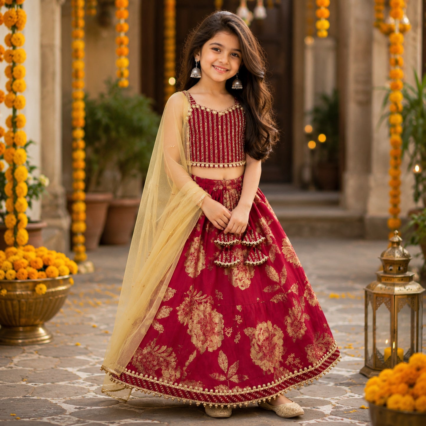 The Magic Wand Cambric Woven Laced Sweetheart Neck Choli And Floral Lehenga Set With Dupatta - Fuchsia