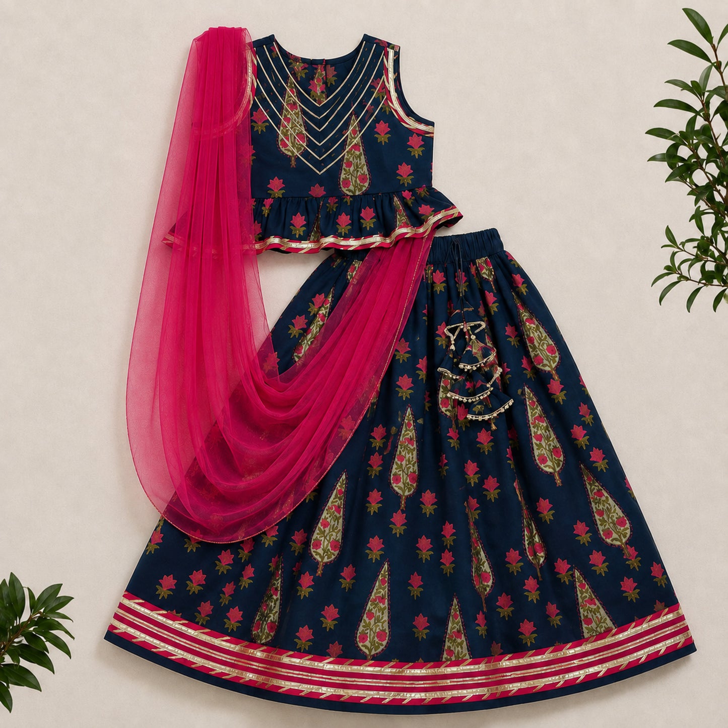 The Magic Wand Cambric Woven Laced Paisley Printed Choli And Lehenga Set With Dupatta - Navy Blue