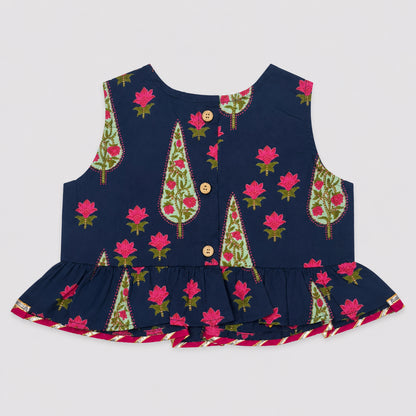 The Magic Wand Cambric Woven Laced Paisley Printed Choli And Lehenga Set With Dupatta - Navy Blue