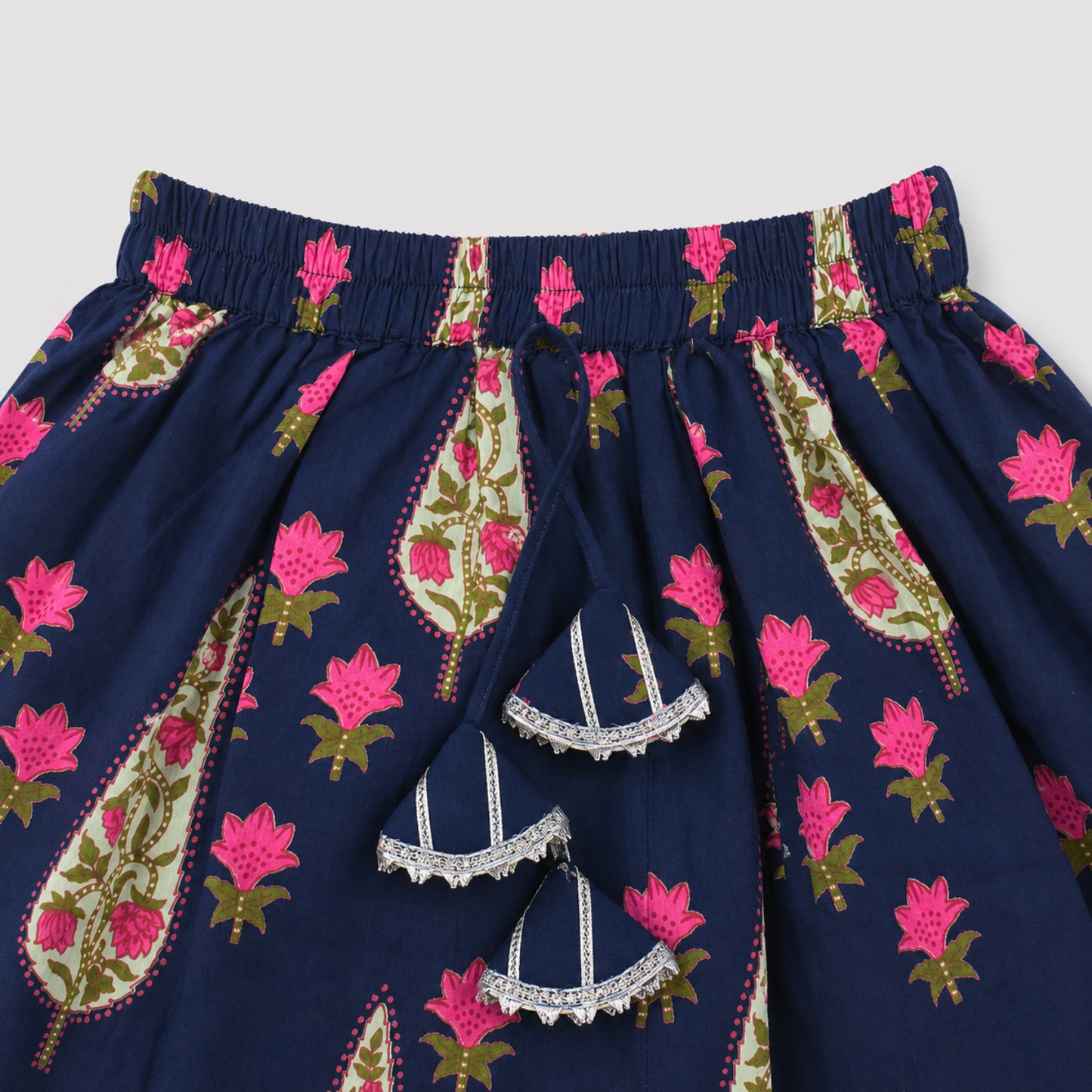 The Magic Wand Cambric Woven Laced Paisley Printed Choli And Lehenga Set With Dupatta - Navy Blue