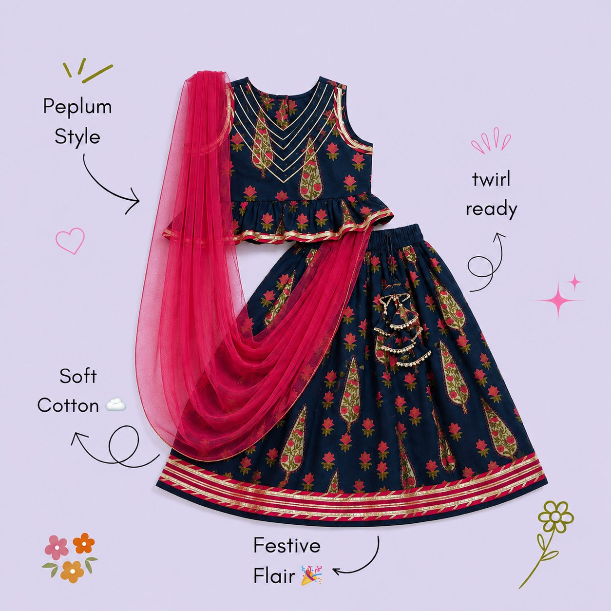 The Magic Wand Cambric Woven Laced Paisley Printed Choli And Lehenga Set With Dupatta - Navy Blue