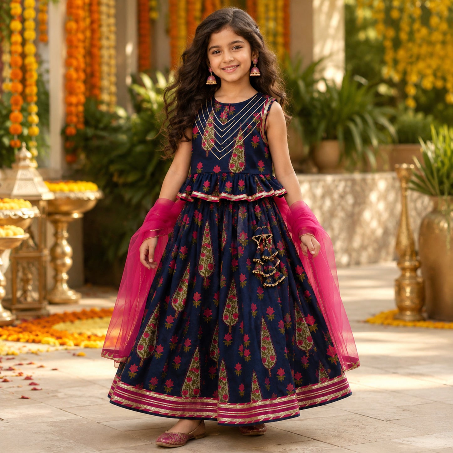 The Magic Wand Cambric Woven Laced Paisley Printed Choli And Lehenga Set With Dupatta - Navy Blue