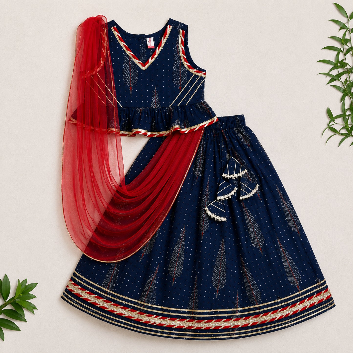 The Magic Wand Cambric Woven Laced Paisley Printed Choli And Lehenga Set With Dupatta - Dark Blue
