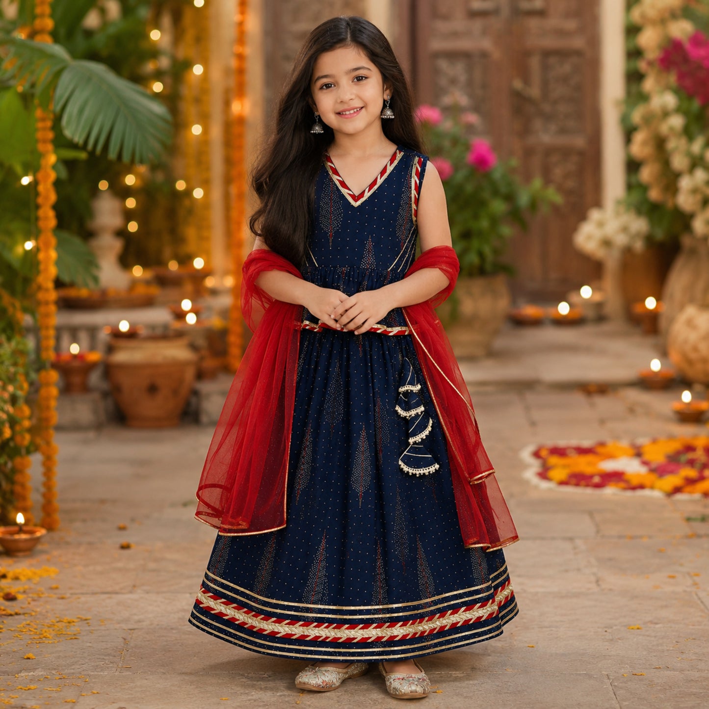 The Magic Wand Cambric Woven Laced Paisley Printed Choli And Lehenga Set With Dupatta - Dark Blue