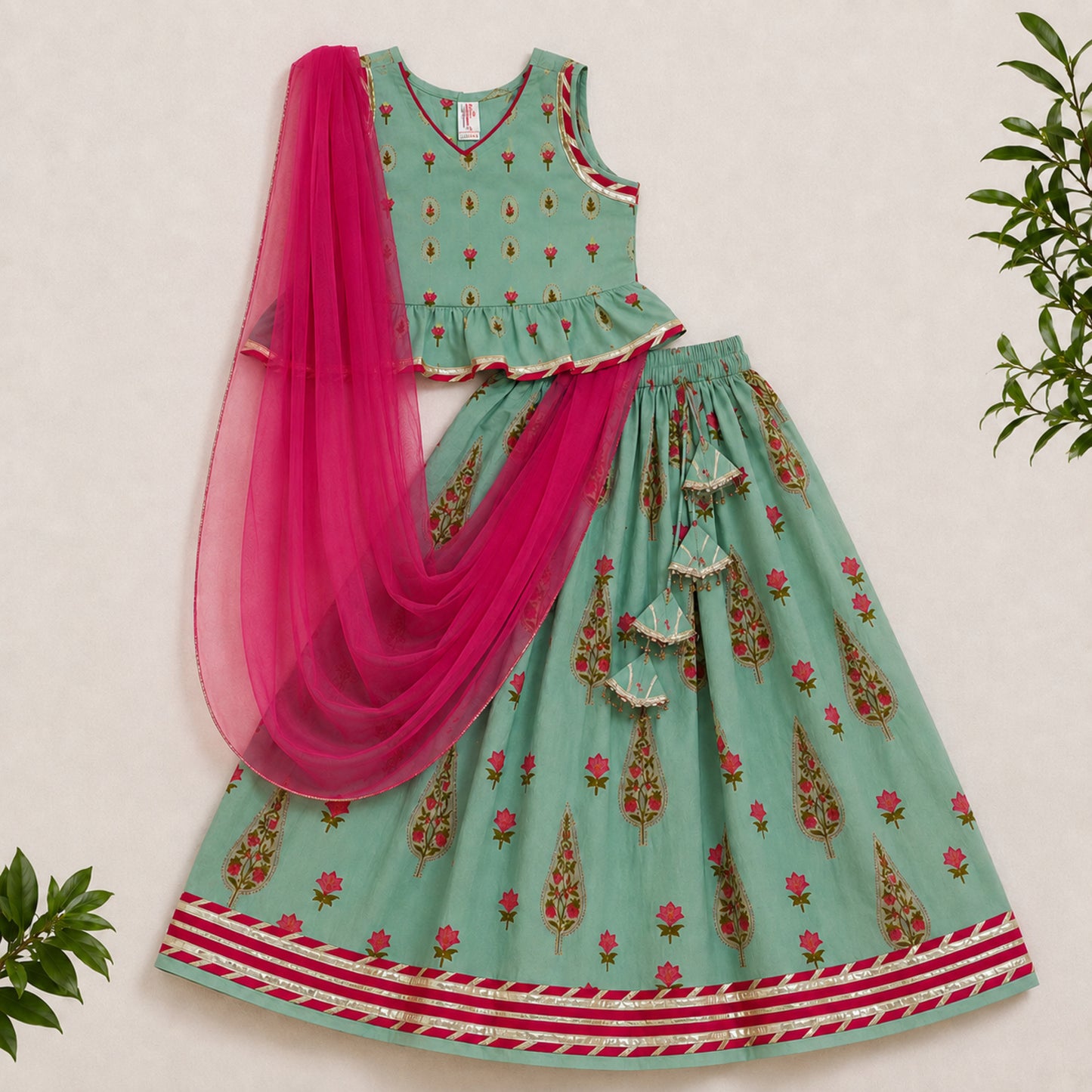 The Magic Wand Cambric Woven Laced Paisley Buta Printed Choli And Lehenga Set With Dupatta - Aqua