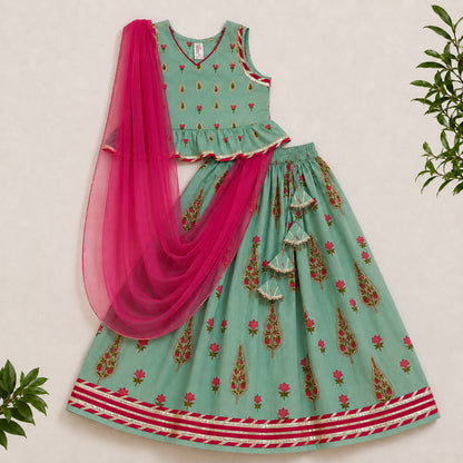 The Magic Wand Cambric Woven Laced Paisley Buta Printed Choli And Lehenga Set With Dupatta - Aqua