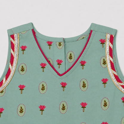 The Magic Wand Cambric Woven Laced Paisley Buta Printed Choli And Lehenga Set With Dupatta - Aqua