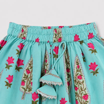 The Magic Wand Cambric Woven Laced Paisley Buta Printed Choli And Lehenga Set With Dupatta - Aqua