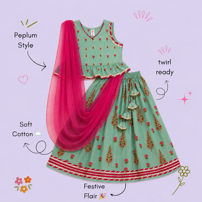 The Magic Wand Cambric Woven Laced Paisley Buta Printed Choli And Lehenga Set With Dupatta - Aqua