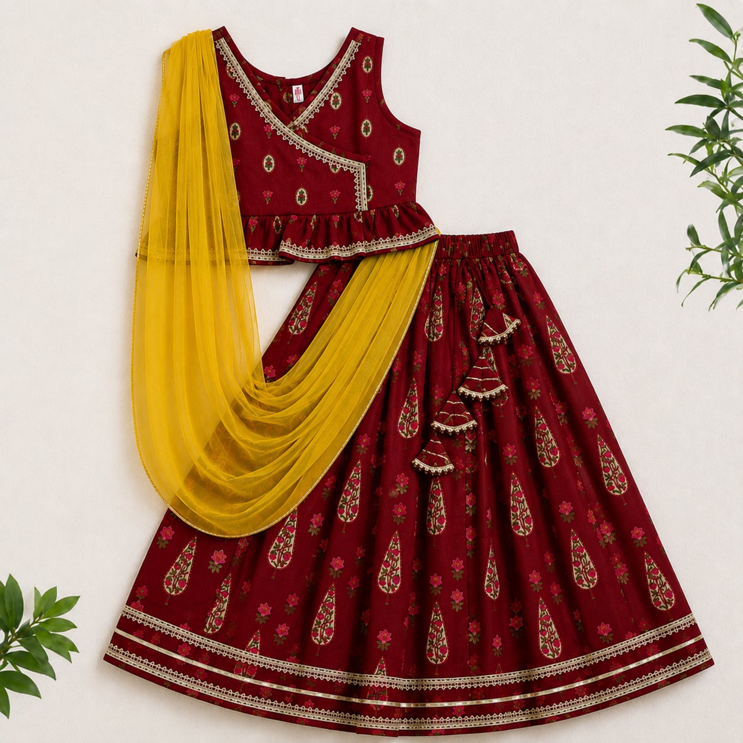 The Magic Wand Cambric Woven Laced Paisley Buta Printed Choli And Lehenga Set With Dupatta - Maroon
