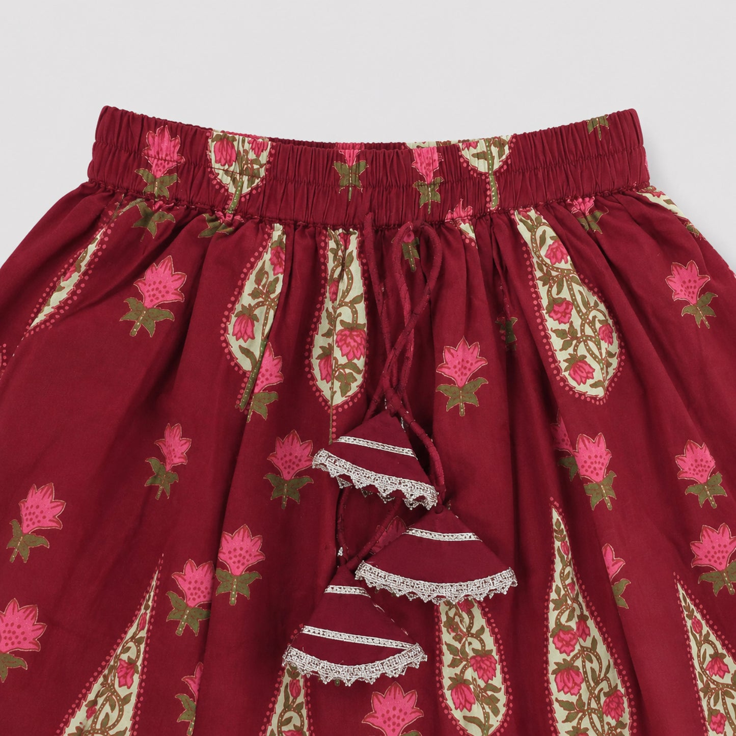 The Magic Wand Cambric Woven Laced Paisley Buta Printed Choli And Lehenga Set With Dupatta - Maroon