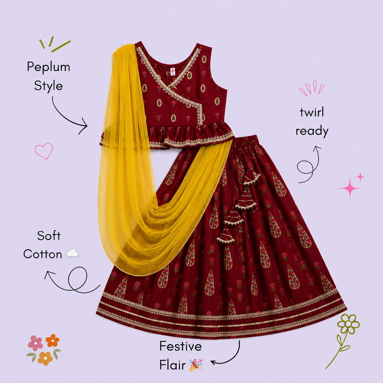 The Magic Wand Cambric Woven Laced Paisley Buta Printed Choli And Lehenga Set With Dupatta - Maroon
