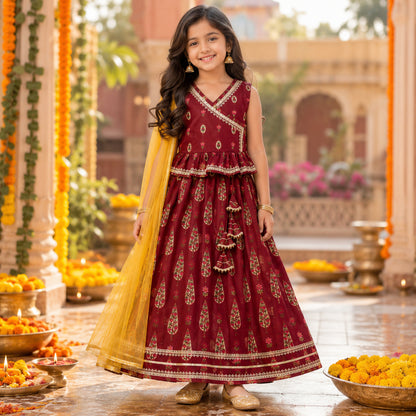 The Magic Wand Cambric Woven Laced Paisley Buta Printed Choli And Lehenga Set With Dupatta - Maroon